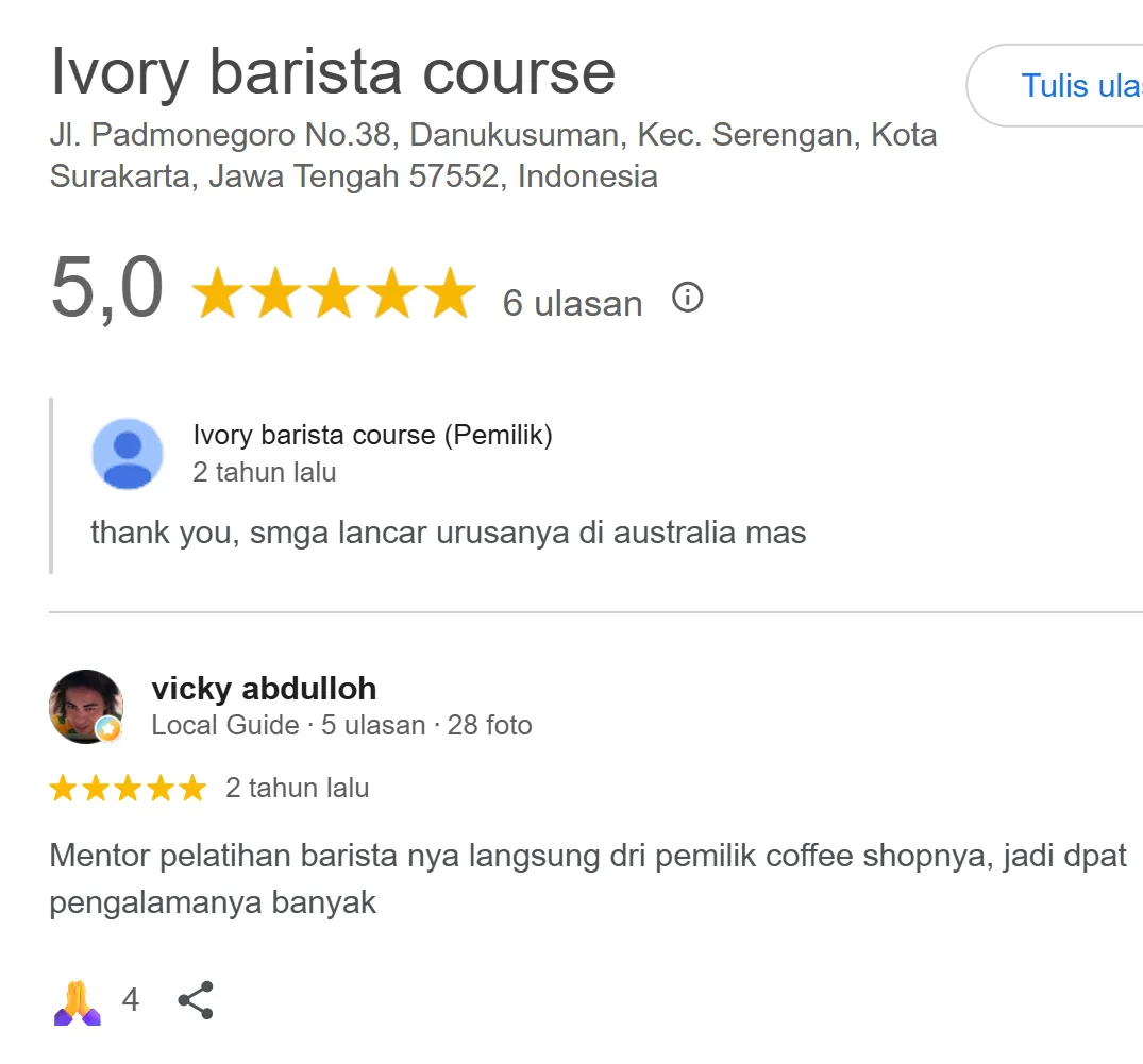 contoh testimoni pelatihan barista kopi surakarta yang puas
